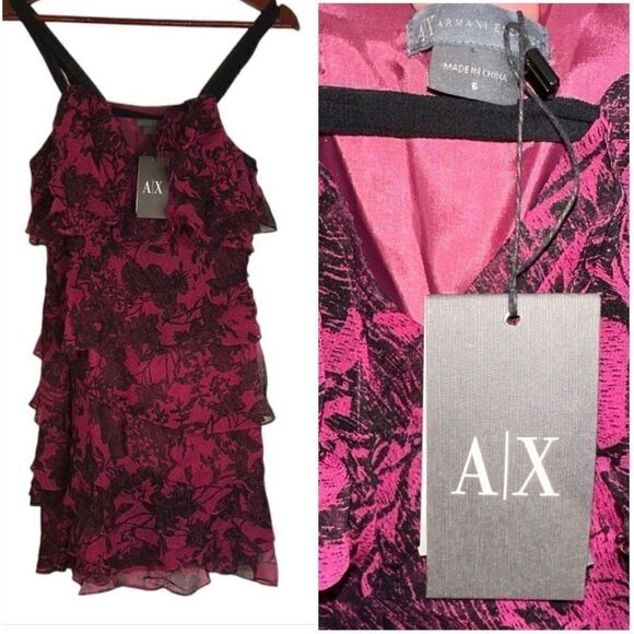 NWT A|X Armani Exchange Womens 6 100% Silk Floral Ruffle Tiered Cocktail Dress - Picture 1 of 10